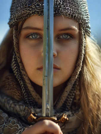 An exquisite depiction captures a Slavic warrior female donning his chainmail armor in a striking portraitの素材
