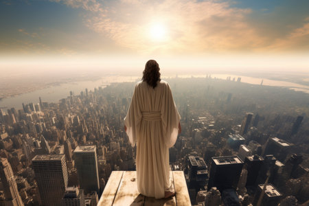 Modern city messiah: Jesus Christ in the heart of today's bustling metropolitan landscape, a symbol of spirituality amidst contemporary urban life.の素材