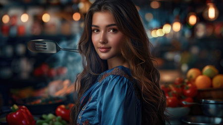 Charming female cook in the kitchen: capturing the grace and skill of a woman passionate about culinary arts, celebrating the artistry and creativity of cooking in a warm and inviting atmosphere.の素材