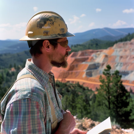 Surveying the copper mine, man in hard hat oversees operations at open pit - ensuring safety and efficiency in resource extractionの素材