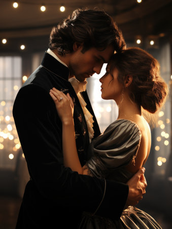 Capturing passion in the renaissance, Victorian, and baroque era: a timeless love story portrayed by a couple in vintage attire, embracing the elegance, romance, and nostalgia of historical periodsの素材