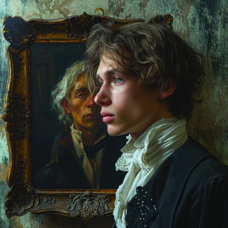 The enigmatic young man, poised beside his aging portrait, sparks a mystical tale of eternal charm and hidden enigma, painting concealing his aging years, wrapped in an enigmatic shroud of mysteryの素材
