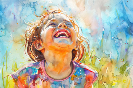 Watercolor happy laughing child: a portrait of youthful joy and innocence, captured in vibrant hues and delicate brushstrokes, evoking warmth and nostalgiaの素材