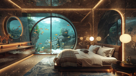 Submerged serenity: mesmerizing underwater house room reveals aquatic wonders through panoramic aquarium windows, a tranquil retreat in the heart of the deep blue.の素材