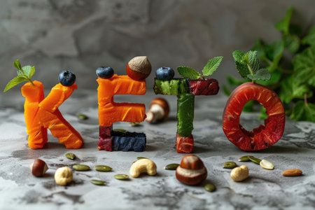 Nutritious keto-friendly assortment: low-carb veggies, fruits, greens, and nuts stacked with keto text, promoting healthy choices for ketogenic dietsの素材