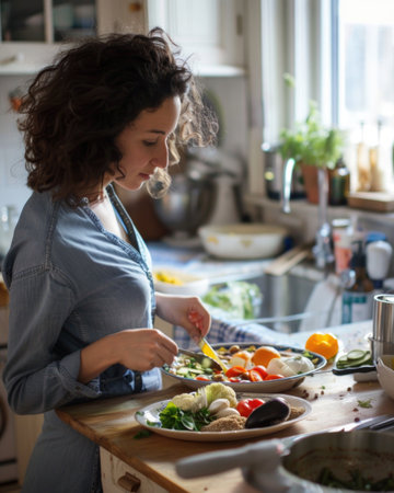 Charming female cook in the kitchen: capturing the grace and skill of a woman passionate about culinary arts, celebrating the artistry and creativity of cooking in a warm and inviting atmosphere.の素材