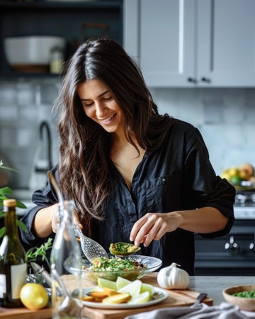 Charming female cook in the kitchen: capturing the grace and skill of a woman passionate about culinary arts, celebrating the artistry and creativity of cooking in a warm and inviting atmosphere.の素材