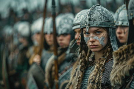 Portrait of a Slavic woman warrior in chain mail: depicting a strong and warlike figure reflecting the spirit and heritage of Slavic culture in its struggle and defenseの素材