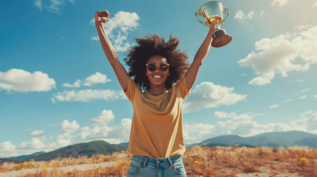 Triumphant success: in sports, in competition, in personal goals, victory celebration and business achievement, triumphant moment of success and accomplishment in corporate endeavors.の素材