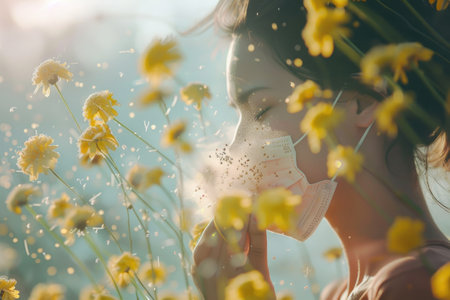 Sensitive depiction - showing allergy, capturing the impact of allergic reactions on individual's face, highlighting challenges faced search for relief through effective treatments, lifestyle adjustmentsの素材