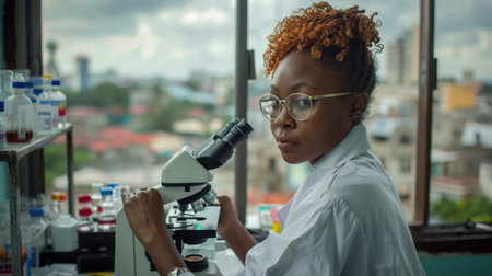 Dedicated lab technician meticulously working in laboratory, demonstrating precision, expertise in handling scientific experiments, importance of accuracy and careful analysis in lab workの素材