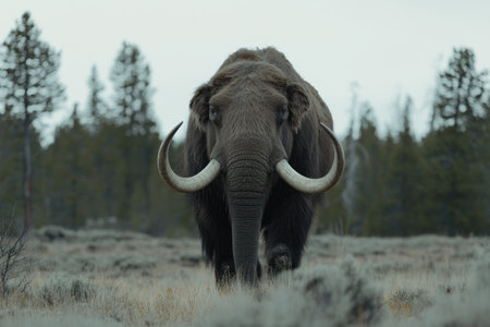 Mammoth portrait: A detailed portrait of a mammoth, showcasing the prehistoric creatures distinctive features and majestic presence, bringing to life the grandeur of ancient ice age wildlifeの素材