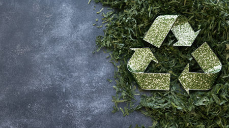 Sustainability emblem: green recycle symbol featured in eco-friendly design on banner, copy space for promoting environmental messages, encouraging responsible waste management practicesの素材