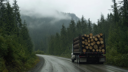 Truck transport: tree loading, wood delivery, firewood supply, cargo movement, log relocation, forestry connection, material handling, timber operation, vehicle operation, resource conveyanceの素材