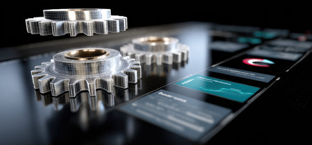 This composition showcases gears in a transparent design, hovering above a sleek surface displaying...