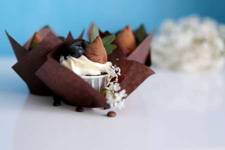 Three cream cakes, handmade. Decorated with flower-shaped butter cream, truffles, blueberries and leaves. Cupcakes in paper cups wrapped in decorative brown paper. Cupcakes are on a white table top.の写真素材