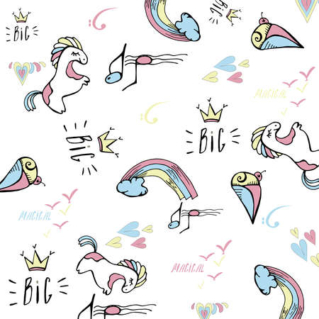 Seamless magic patterns of horses, crowns, inscriptions, hearts, ice cream, notes, birds. Detailed background. Ideal for kids clothing, fabric, textile, baby decoration, wrapping paper. Vector illustration.のイラスト素材
