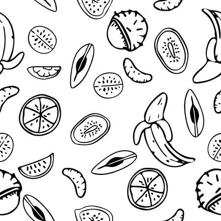 Exotic fruits seamless pattern. Fruit picking. Vector illustration of fruits for design of menus, recipes and product packages.のイラスト素材