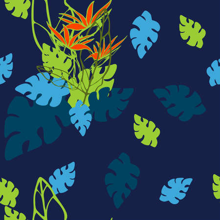 Vector seamless tropical background. Banana leaves, royal strelitzia. Bright exotic flowers and leaves on a dark blue background. Background for wrapping paper, textile.のイラスト素材
