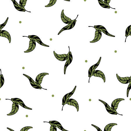 Seamless pattern with green leaves with veins and circles for clothing, textiles, packaging, wrapping paper. Hand-drawn floral pattern. Background.のイラスト素材