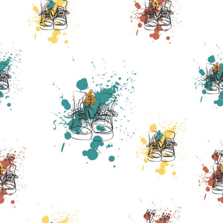 Seamless pattern with boots and socks hand-drawn in doodle style on a background of orange, turquoise, brown spots. Summer funny patterns for sportswear, shirts, trousers, children's clothing.のイラスト素材