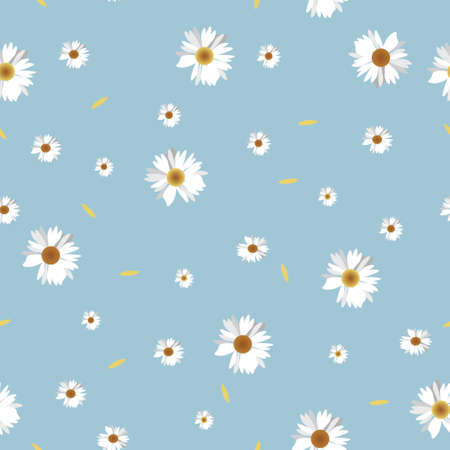 Abstract floral background with daisies. White daisies on a pale blue hair dryer are randomly arranged, among them are yellow petals. Summer background for printing on textiles, stationery.のイラスト素材