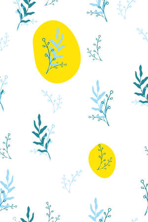 Seamless pattern with spring branches and leaves of blue and turquoise flowers on a white background with scattered bright yellow abstract spots. Freehand drawing for printing on textiles, stationery.のイラスト素材