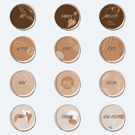 Abstract vector icons with captions for stories. Made in the same style in warm light beige and brown tones with abstract elements on different themes. Pictures for the actual.のイラスト素材
