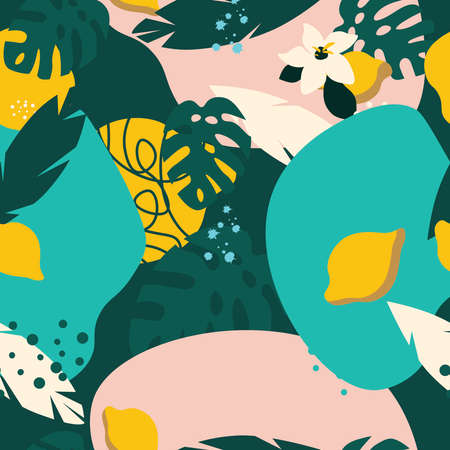 Seamless collage modern floral background. Vector illustration of modern exotic fruits and plants of...