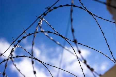 Barbed wire against the blue skyの写真素材