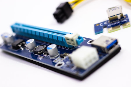 Riser for mining on video card. Device for collecting a mining farm. Mining board.Microcircuit for connecting video card.の写真素材