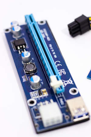 Riser for mining on video card. Device for collecting a mining farm. Mining board.Microcircuit for connecting video card.の写真素材