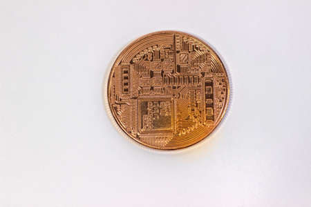 Physical bitcoin coin. Bitcoin on white background. Bitcoin cryptocurrency on white canvas.の写真素材