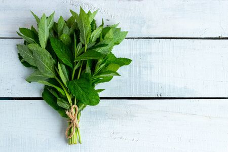 Fresh mint on a wooden background. Mint plant. Top view with space for your text