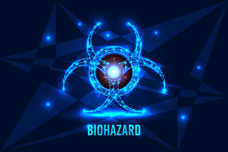 Vector futuristic illustration. The danger of a virus attack. A biohazard sign, an epidemic warning, virus concept. Modern prerequisites for the spread of a dangerous virus.のイラスト素材