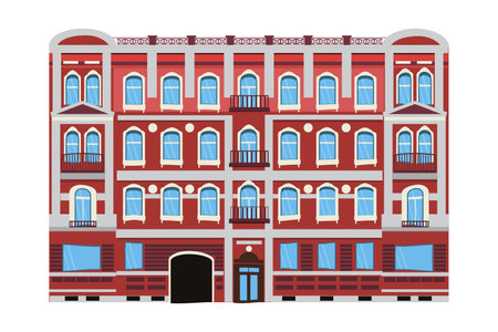A colorful multi-storey house with windows, balconies and doors in a flat style, isolated on a white background. Modern or old houses. Vector illustrationのイラスト素材