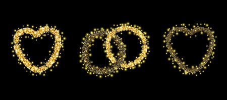 A set of bright golden hearts, sequins around, wedding rings, everything for your creativity on a greeting card, for a wedding celebration, birthday, declaration of love. Vector illustrationのイラスト素材