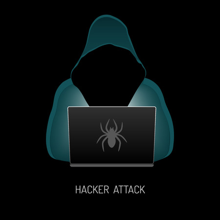 Anonymous computer hacker in the hood stealing information with laptop. Vector illustration isolated on white background.のイラスト素材