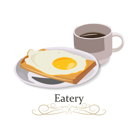 Eatery, fast food, snack bars. Fried egg and cup of tea, vector illustration icon.のイラスト素材
