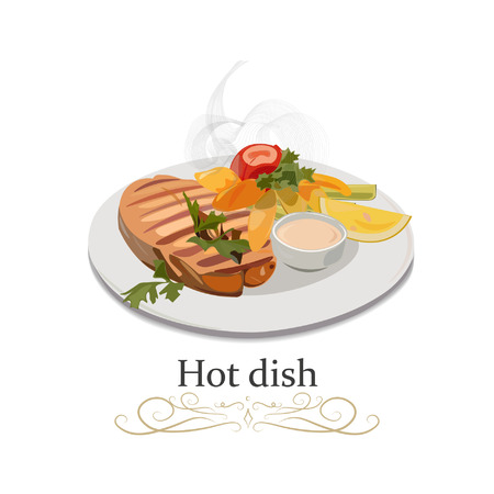 Hot dish with fish, potatoes, greens, lemon, sauce and tomatoes on the plate. Top view side view close. Vector illustration.のイラスト素材