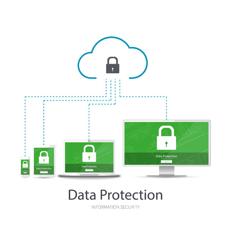Cloud network data protection for your devices: mobile, tablet, laptop, pc. Vector illustration on white background.のイラスト素材