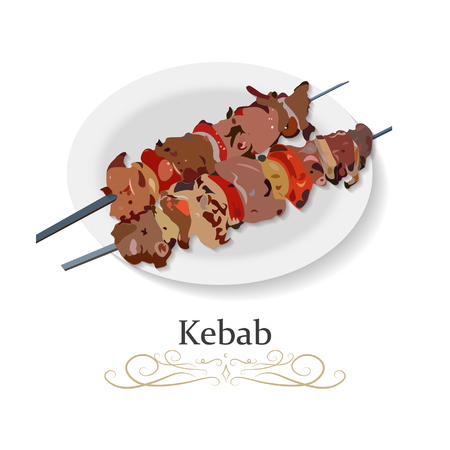 Shish kebab, meat and vegetables kebab grilled, mutton, veal, steaks on skewers, picnic with grilled meal vector illustration iconのイラスト素材