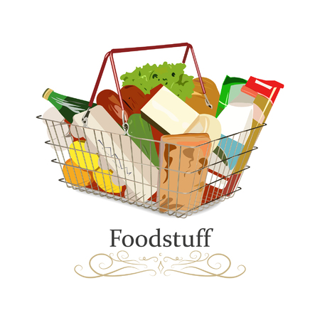 Full Supermarket shopping basket with different goods and foods. Vector illustration.のイラスト素材