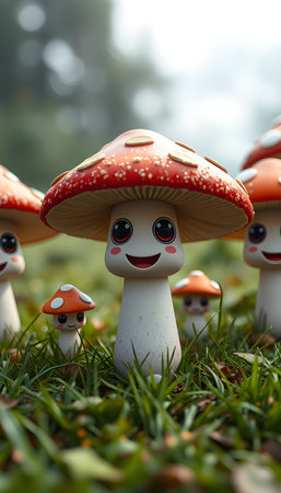 A cute cartoon illustration of amanita muscaria mushrooms in a grassy field. The whimsical design and vibrant colors create a magical fairy tale scene.の素材