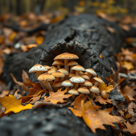 A cluster of mushrooms growing on a decaying log surrounded by autumn leaves. A beautiful scene of nature in the forest during the fall season.の素材