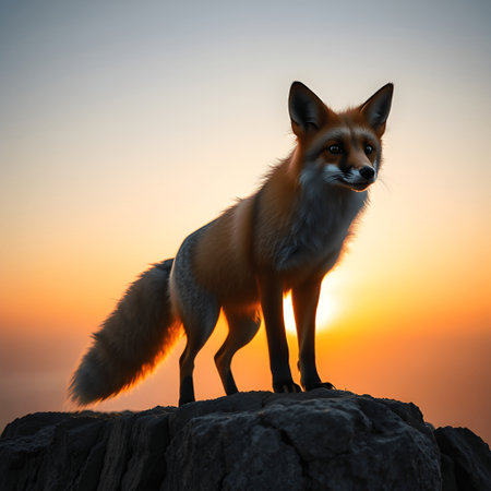 A majestic red fox stands proudly on a rocky outcrop against a vibrant sunset. The golden light illuminates its fur in this wildlife portrait.の素材