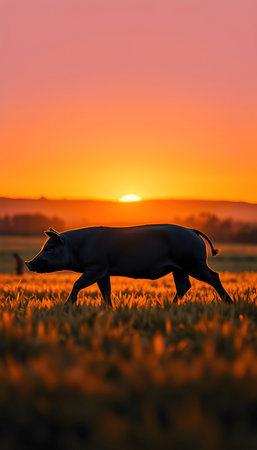 A warthog silhouetted against a vibrant sunset in africa. The scene captures the essence of a wildlife safari adventure, showcasing the beauty of nature.の素材