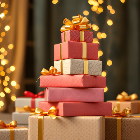 A festive stack of christmas presents wrapped with gold ribbon, set against a backdrop of sparkling bokeh lights, perfect for the holiday seasonの素材