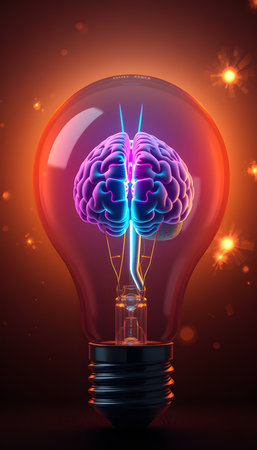 Brain inside a light bulb representing a bright idea. Symbolizes innovation, intelligence, and the power of the mind. For creative concepts.の素材