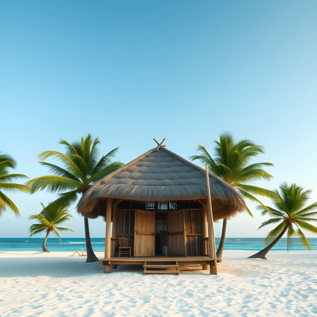 Experience the ultimate tropical getaway with a beach hut nestled among palm trees, offering a serene escape to a sandy paradise by the ocean.の素材